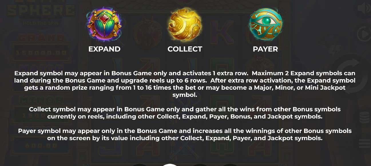 Egypt Sphere: Hold the Spin slot game expand, collect and payer symbols