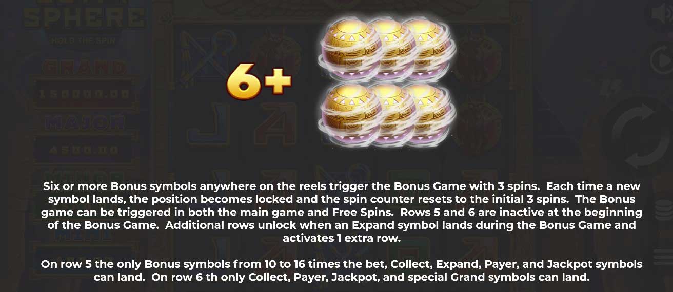 Egypt Sphere: Hold the Spin slot game six or more bonus symbols